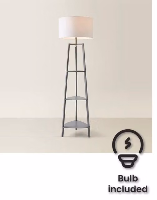 ValueLights Hiru Grey 3 Tier Shelf Floor Lamp with White Fabric Drum Shade and Bulb Included – 1