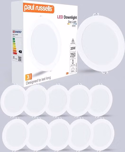 Paul Russells 20W Round Recessed LED Downlight, 2150lm, 6500K Cool White, IP20, White