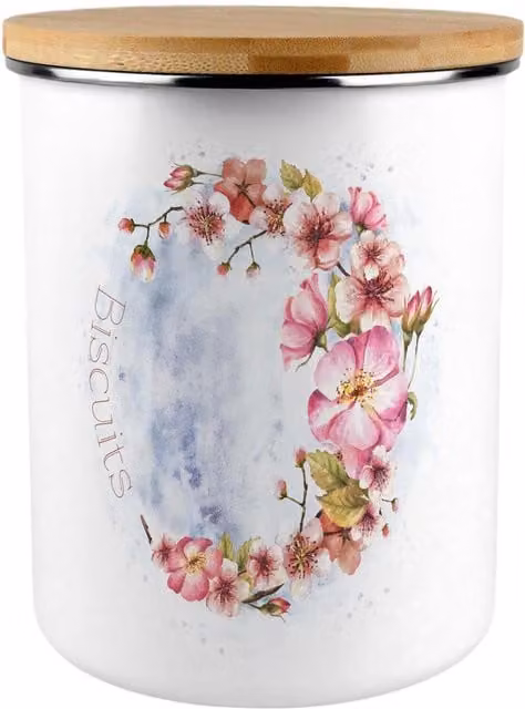 Purely Home Pink Blossoms Floral Metal Biscuit Tin in Pink and White