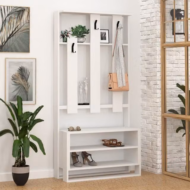 Decortie Modern Hall Tree with Bench and Shoe Organiser in White and Walnut