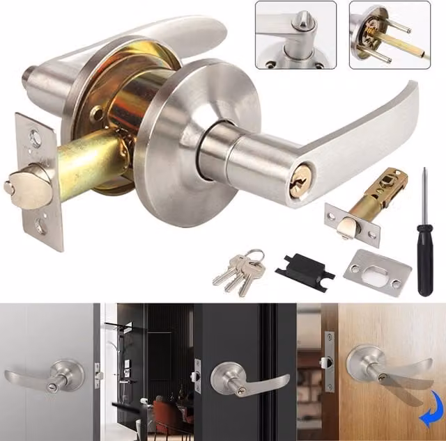 SPETLEK Three-Handle Home Entry Lever Door Lock Set in Silver Stainless Steel