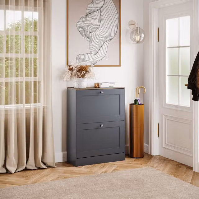 Vida Designs Modern 2 Drawer Shoe Cabinet in White, Grey and Oak, W/D/H: 80 x 24 x 58 cm
