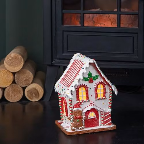 Samuel ALEXANDER Light up Gingerbread Candy Cabin with Warm White LEDs, Red, White and Multicolour, H: 20 cm, W: 15 cm, D: 14 cm – 2
