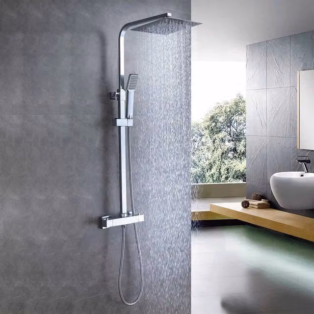 NESTLUNE S-09A Thermostatic Twin Head Bathroom Shower Mixer Set in Silver and Chrome