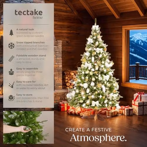 tectake Artificial Christmas Tree in Green with Frosted Tips and Wooden Stand, Height: 180 cm – 2