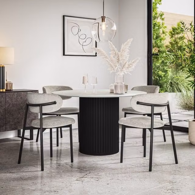 More4Homes Arlo Modern Round Marble Dining Table and 6 Chairs Set in Walnut and Grey