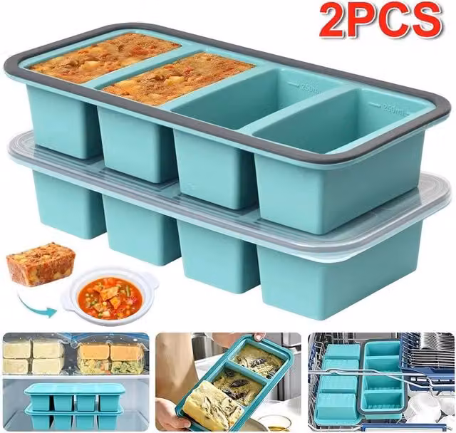 Hinsinc 2-Piece Silicone 4-Compartment Freezer Trays with Snap Lids in Turquoise
