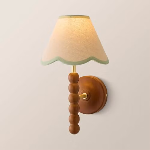 ValueLights Bobbins Walnut Bobble Wall Light with Green Fabric Shade and Bulb