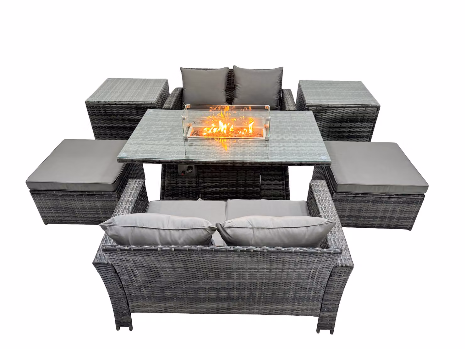 Fimous Outdoor Love Sofa Set in Dark Grey with 6 Seats, Gas Firepit Table, 2 Stools and 2 Side Tables – 2