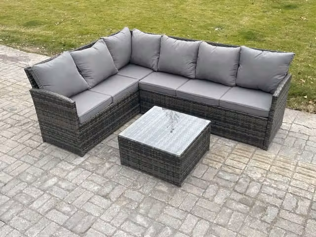 Fimous 6 Seater Outdoor Garden Furniture Set with L-Shape Corner Sofa, Coffee Table and Upholstered Cushions in Dark Grey Polyrattan