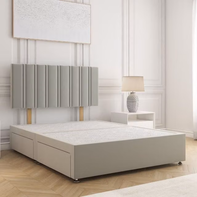 BSSPOKE Sienna Small Double Divan Bed with 24 inch Plush Headboard and 2 Drawers in Silver Velvet Fabric, W/D/H: 120 x 200 x 30.48 cm