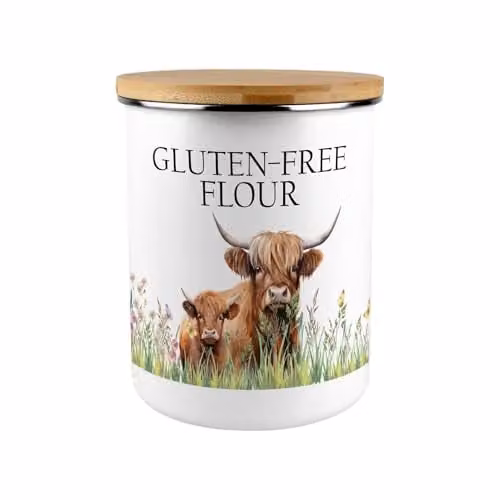 Purely Home Floral Enamel Flour Canister with Bamboo Lid in Brown and White