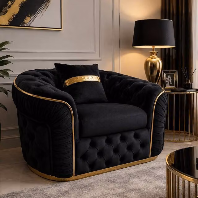 Stratus Interiors Ambassador Chesterfield Sofa in Black Plush Velvet with Gold Trim