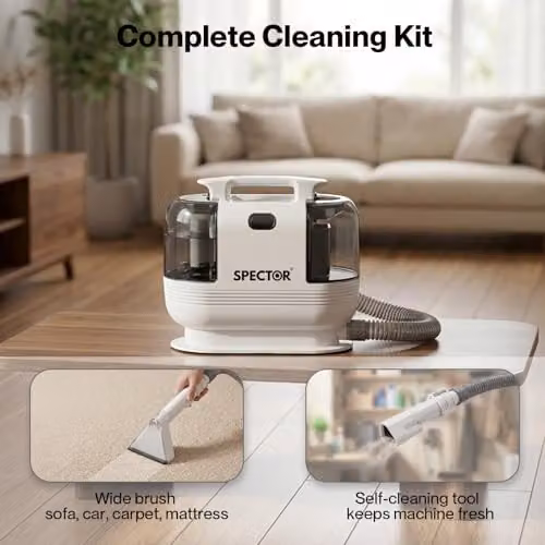 Spector Portable Carpet and Upholstery Cleaner Machine in White and Grey, 500W with 17Kpa Suction for Sofa, Carpet, Car Seats and Pet Hair Removal – 8