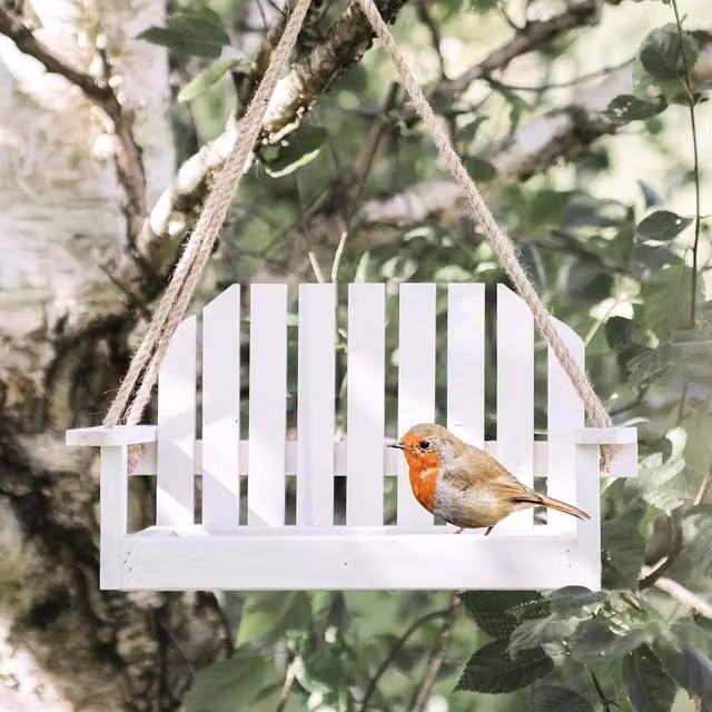 Garden Mile White Wooden Bench Swing Seat Bird Feeder with 1kg Bird Seed