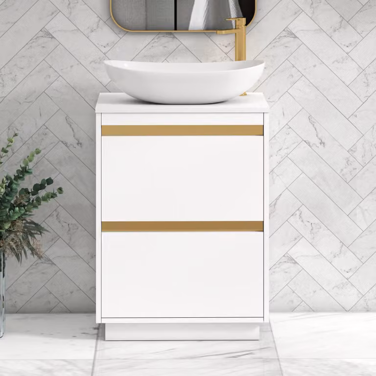 Royal Bathrooms Orion 600mm Matt White Floor Standing 2 Drawer Vanity Unit with Cesar Basin and Brushed Brass Accent Trim
