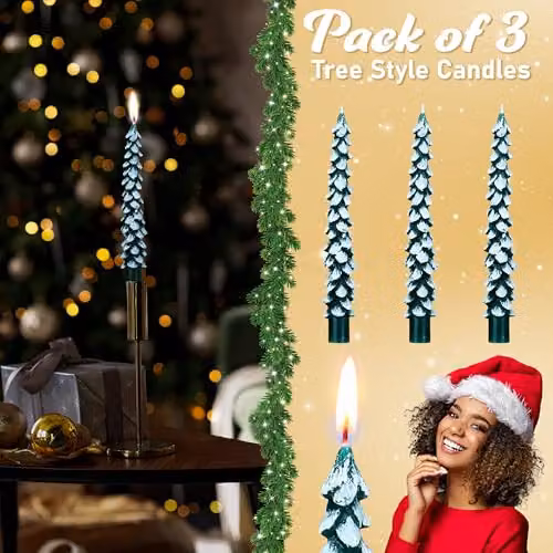Deco Express Christmas Tree Dinner Candle Set in Green and White – 6