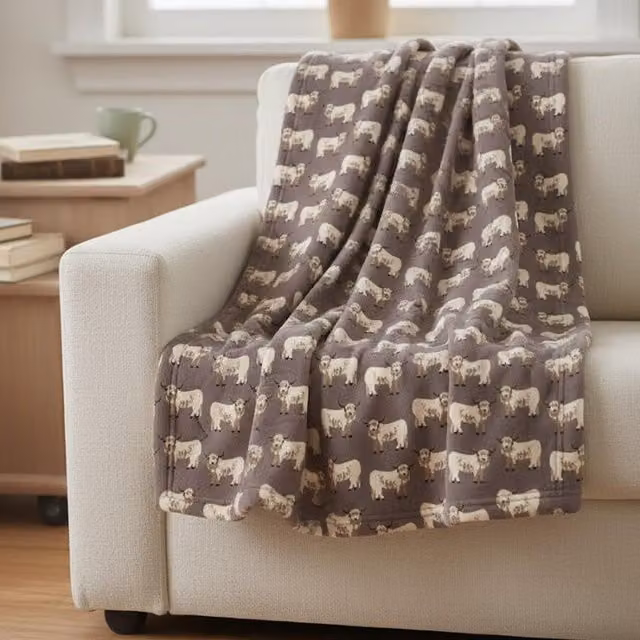 HomeSpace Direct Fluffy Brown Fleece Highland Cow Animal Print Throw Blanket