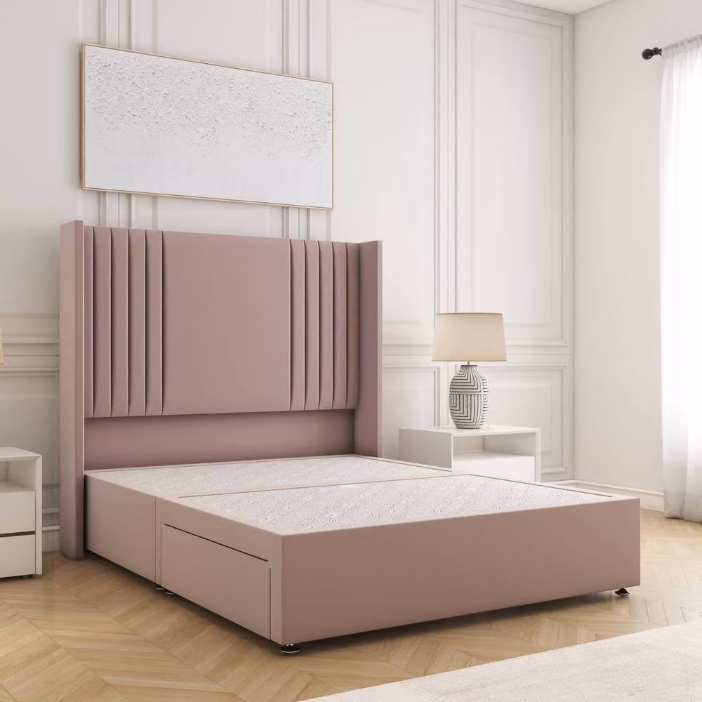BSSPOKE Cheshire Divan Bed with 54 inch Headboard and 2 Drawers in Pink Plush Velvet, W/D/H: 180 x 200 cm