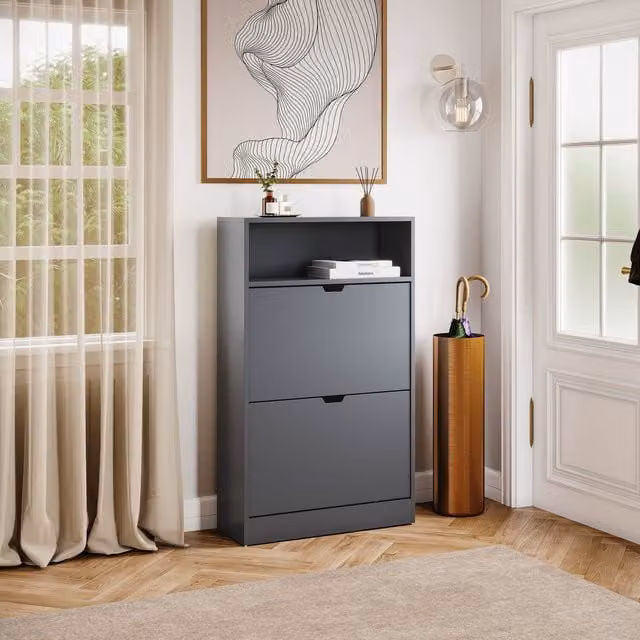 Vida Designs Modern Grey Shoe Cabinet with Tilting Compartments and Open Shelf, H 97 cm x W 60 cm x D 24 cm
