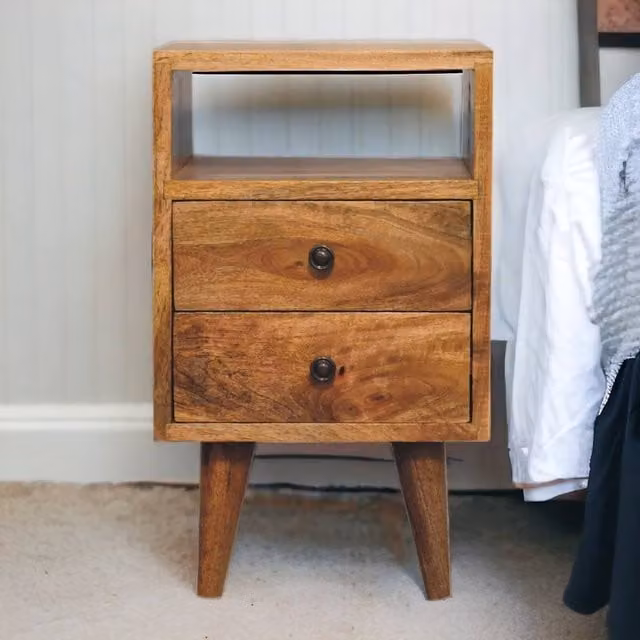 Direct Wicker Classic Mango Wood Bedside Table with 2 Drawers and Open Slot in Brown – 1