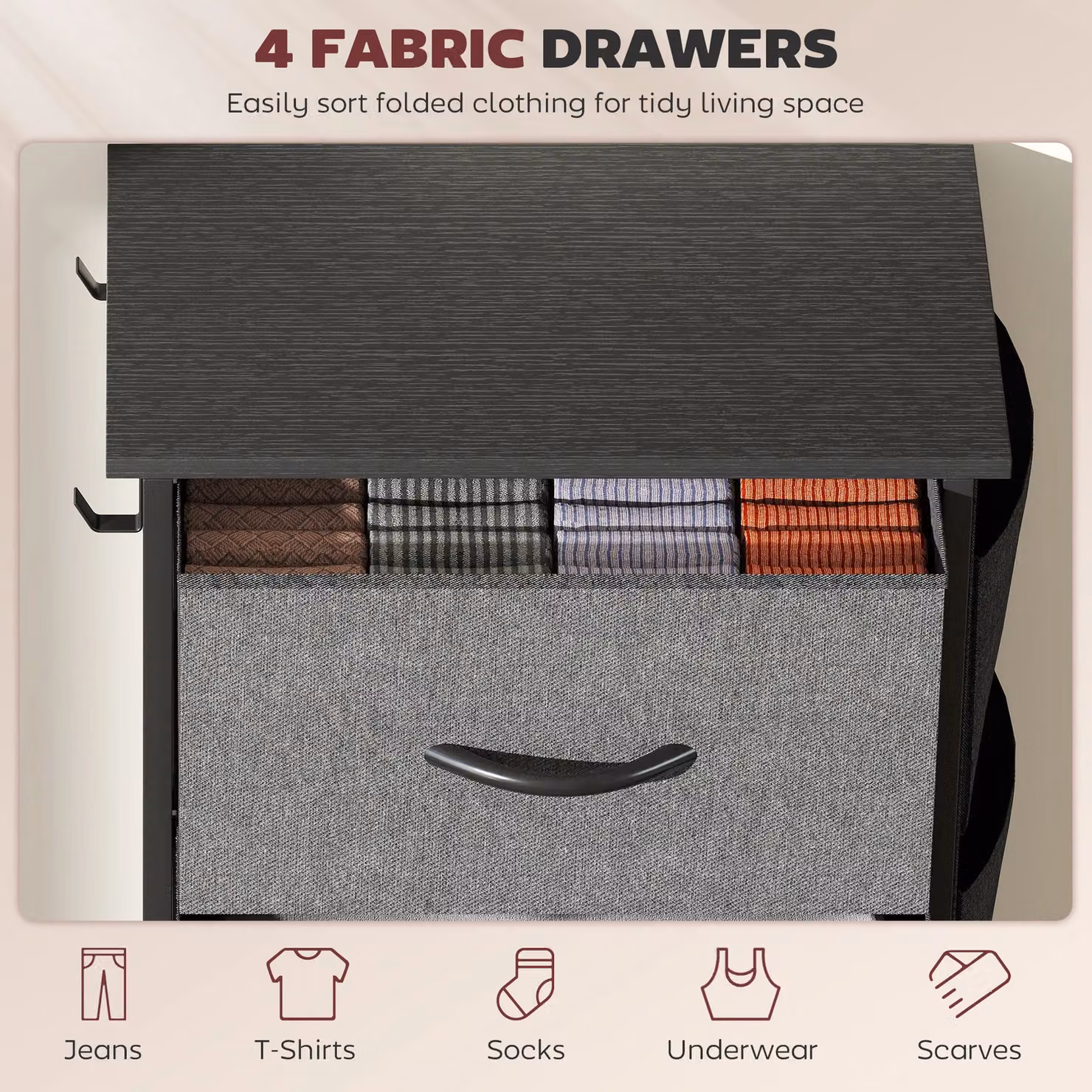 HOMCOM Modern Fabric Chest of Drawers for Bedroom in Grey – 4