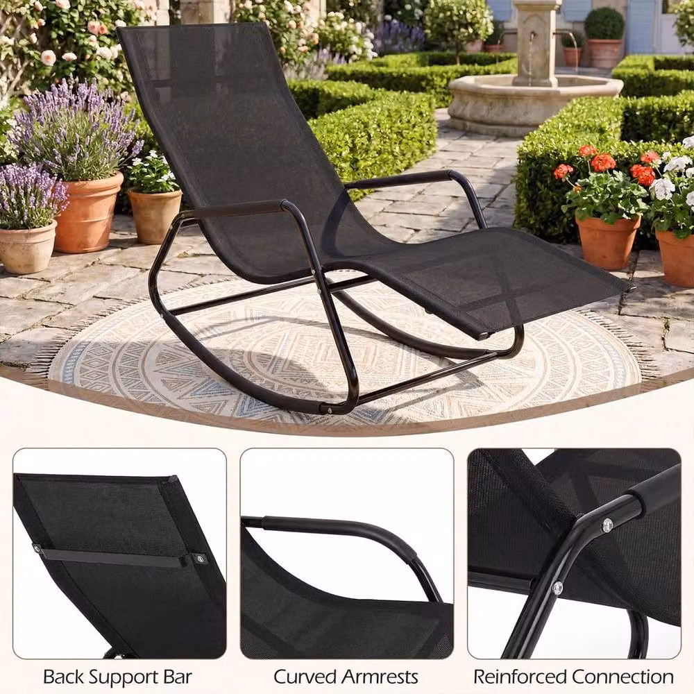 KORVIXA Black Patio Lounge Chair with Curved Armrests and Textilene Fabric – 4