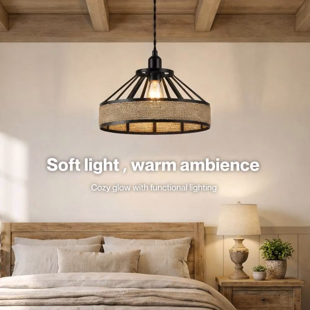 VOGREX Industrial Hemp Rope Pendant Lamp Shade in Brown and Black, Diameter: 30 cm – 2