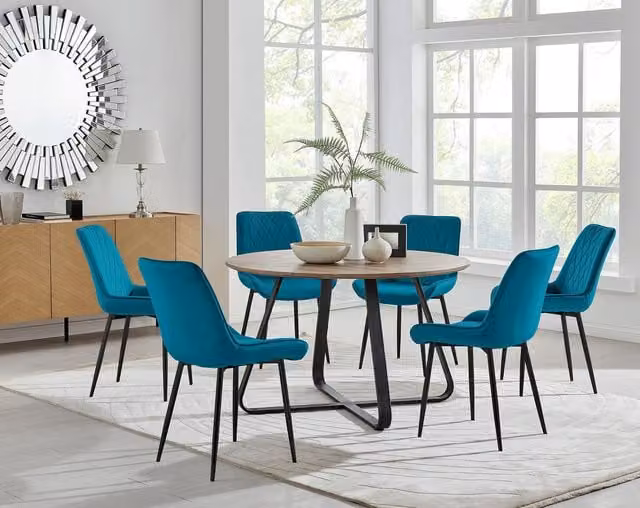 FurnitureboxUK Santorini Brown Round Dining Table and 6 Blue Pesaro Chairs with Black Legs