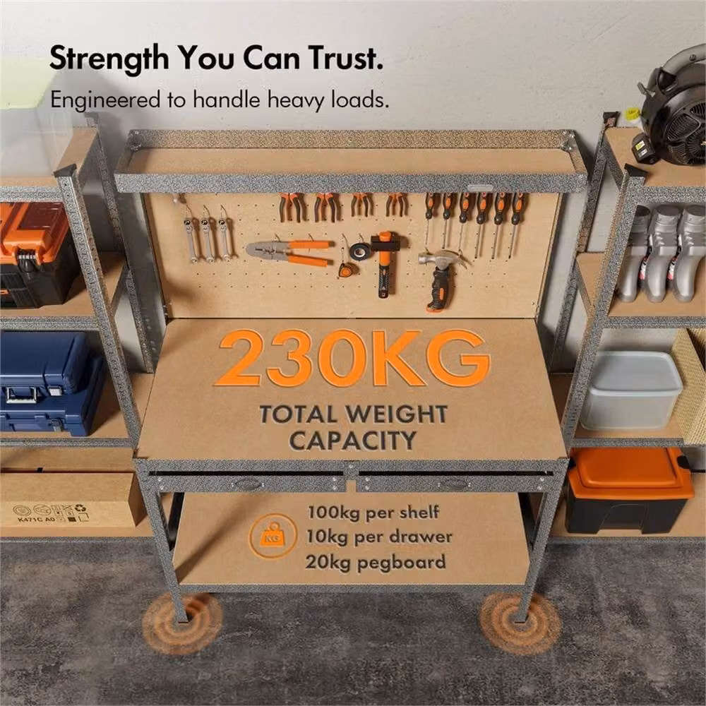 SPETLEK Heavy Duty Garage Workbench with Pegboard in Grey, 230kg Capacity, W/D/H: 100 x 52 x 155 cm – 3