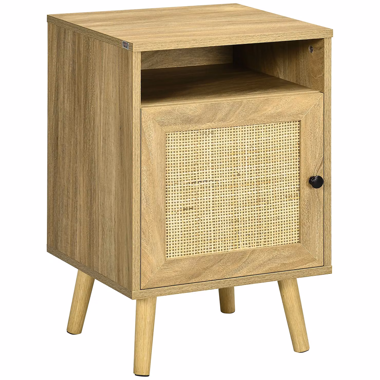 HOMCOM Mid-Century Rattan Nightstand with Cabinet and Shelf in Sand and Brown – 2