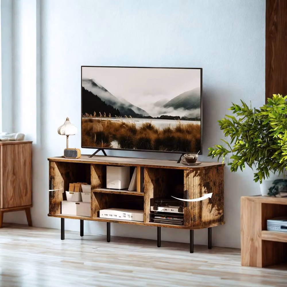 FURNOS Industrial TV Stand Unit with Storage Cabinets in Brown and Black, W/D/H: 120 x 40 x 55 cm – 2