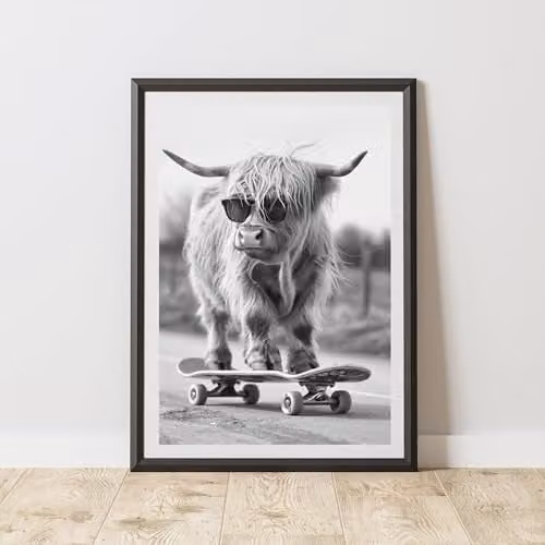 60 Second Makeover Highland Cow Skateboarding Illustration Paper Poster, Multicolour, A4