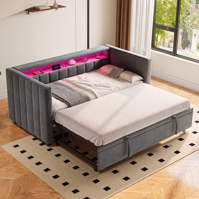 Matteo Multifunctional Velvet Sleeper Sofa with USB Charging and LED Lighting in Dark Grey