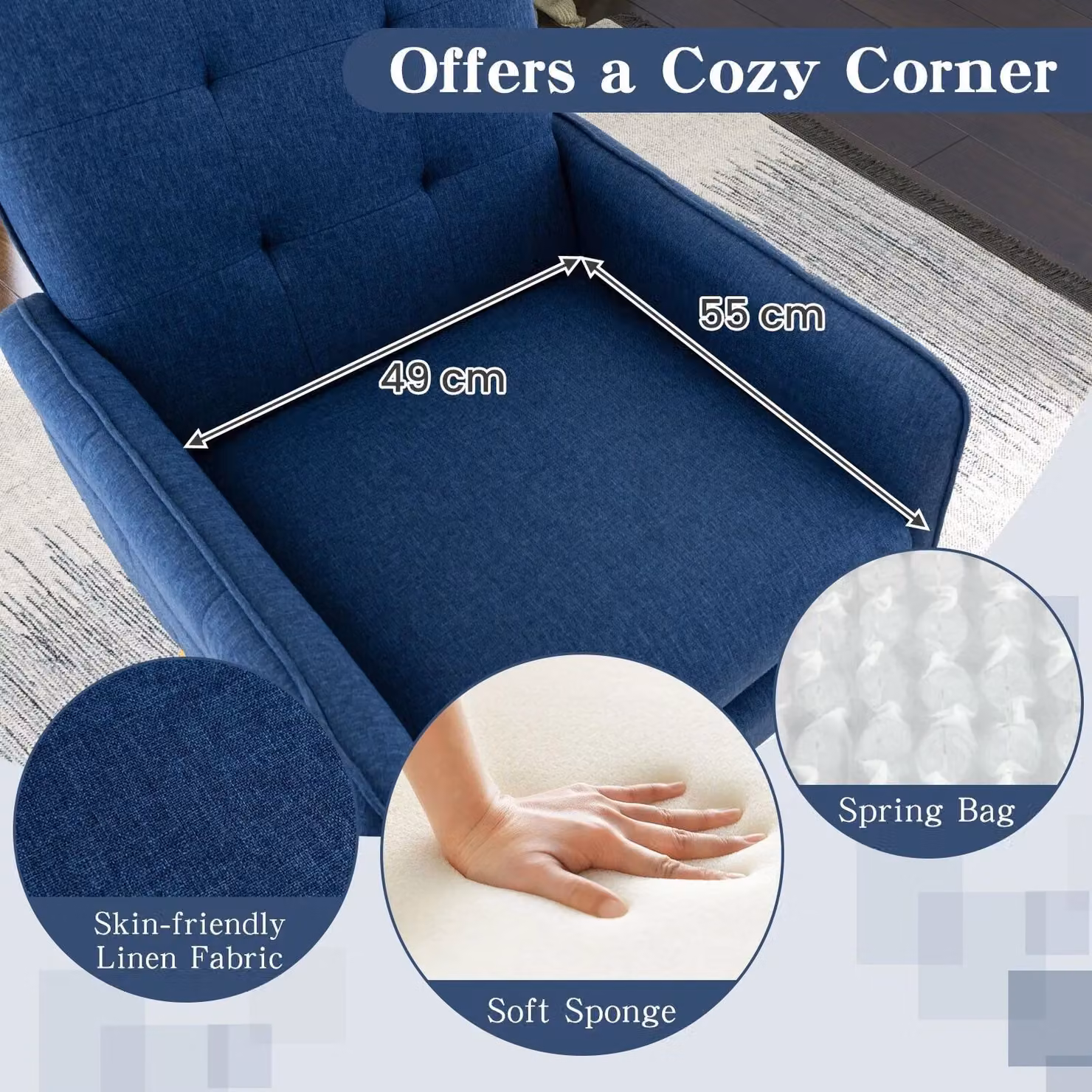 Costway Modern Upholstered Accent Armchair in Blue with Metal Frame – 7