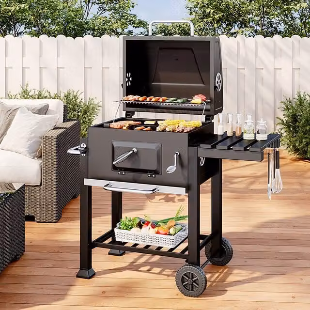 Livingandhome Portable Charcoal BBQ Grill with Side Shelf, Warming Rack and Wheels, Black