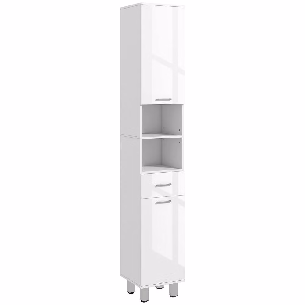 Kleankin Tall Narrow White Bathroom Storage Cabinet with Hinged Doors and Open Shelf, H: 180 cm, W: 30 cm – 2