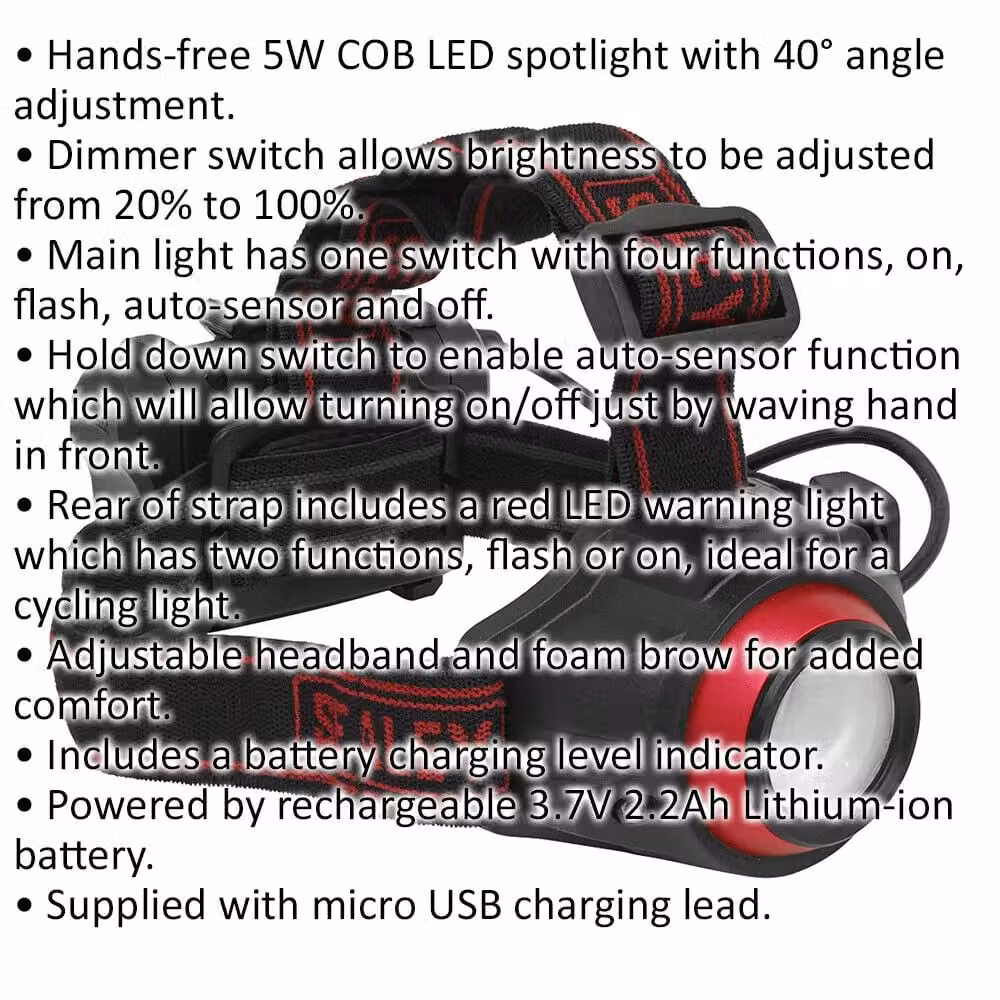 Loops Hands Free Rechargeable Head Torch with 5W COB LED, Dimmer Switch and Auto Sensor in Black, Red and Multicolour – 2