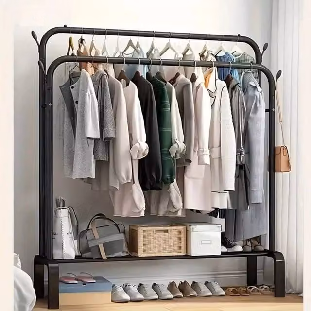 NESTLUNE Heavy Duty Metal Double Rail Clothes Garment Hanging Rail in Black – 1