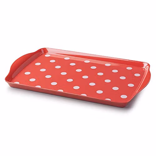 Zeal Melamine Dotted Rectangular Serving Tray with Handles, Red, W: 39 cm, D: 24 cm
