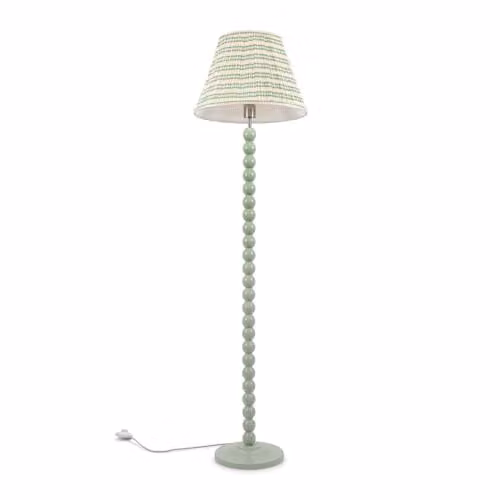 ValueLights Bobbin Sage Green Wood Floor Lamp with Pink Fabric Pleated Shade – 1