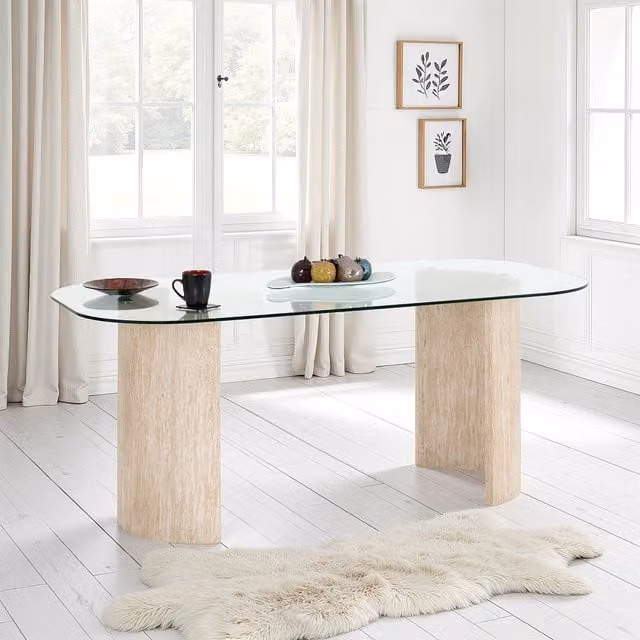 Seconique Modern Rectangular Glass Dining Table in Beige