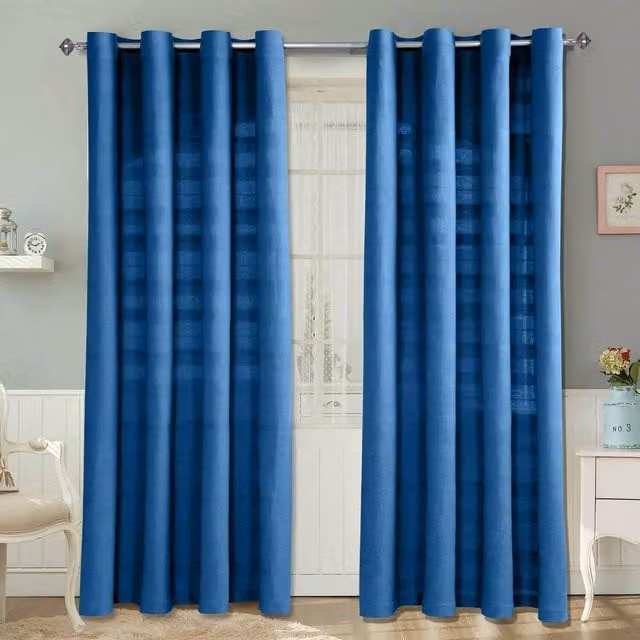Homescapes Blue Cotton Rajput Ribbed Eyelet Curtain Pair, Width: 182 cm, Height: 167 cm