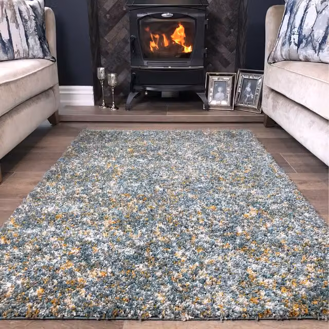 The Rug House Super Soft Duck Egg Blue and Yellow Mottled Shaggy Area Rug, W: 230 cm, D: 160 cm