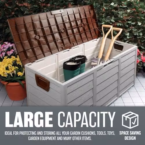 BARGAINS-GALORE Outdoor Garden Storage Box and Seat in Brown and Grey Plastic with Castors – 4