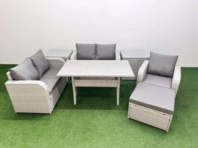 Fimous Grey Poly Rattan Garden Furniture Set with High Back Reclining Chair, Loveseat Sofa, Rectangular Dining Table and Stools
