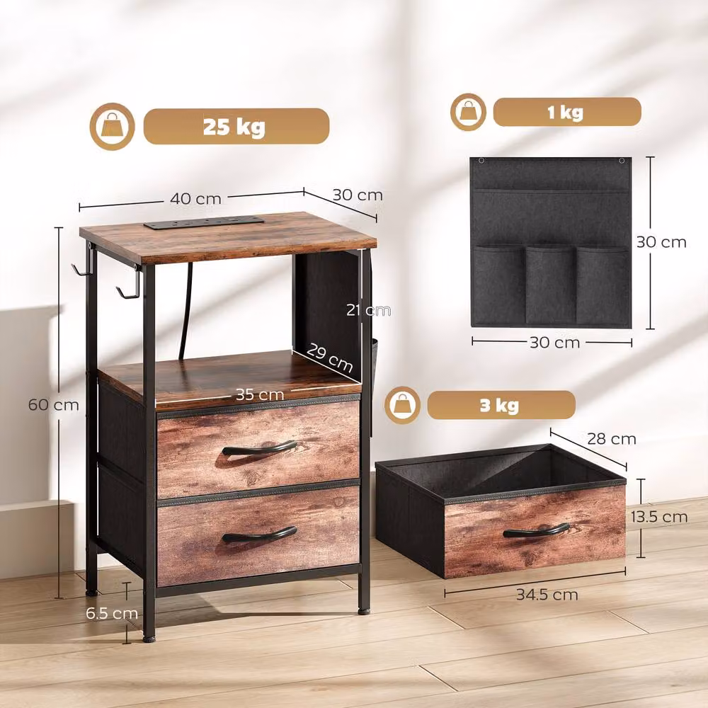 STILVORA Rustic Brown Bedside Table with Charging Station and Storage – 4