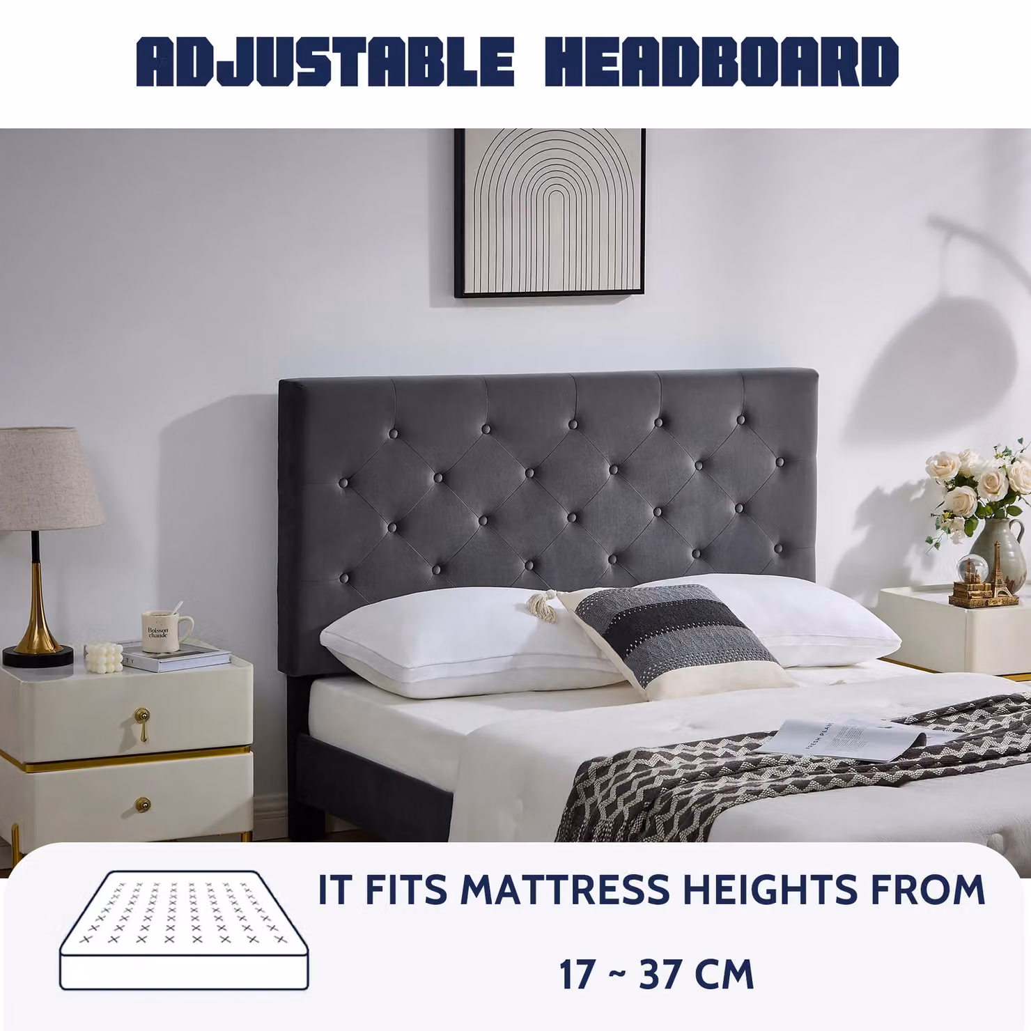 FURNITURE ONE Ottoman Storage Bed Frame in Grey with Adjustable Headboard and Lift Up Base, Size: Double (W/D/H: 140 x 200 x 118 cm) – 4
