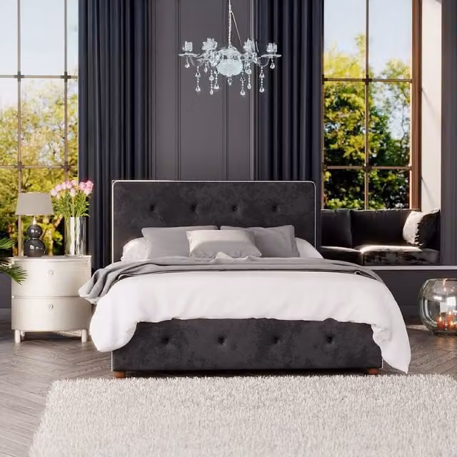 Laurence Llewelyn Bowen Aspire Hesper Ottoman Storage Bed in Black Mirazzi Velvet Fabric, W/D/H: 90 x 200 cm