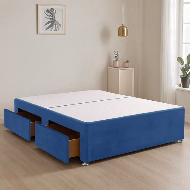 Bed Time UK Plush Fabric Divan Bed Base with 2 Storage Drawers, Blue, W/D/H: 90 x 200 cm